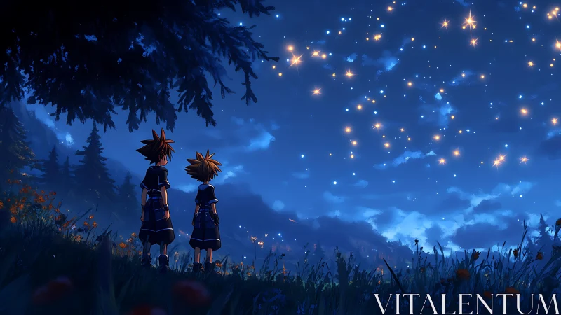 Twin observers under procedurally luminous starfield sky.