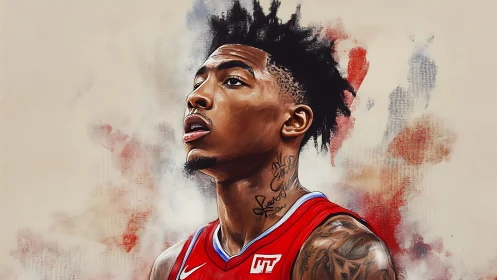 Electric court dreamer in red jersey painted mid-rise gaze.