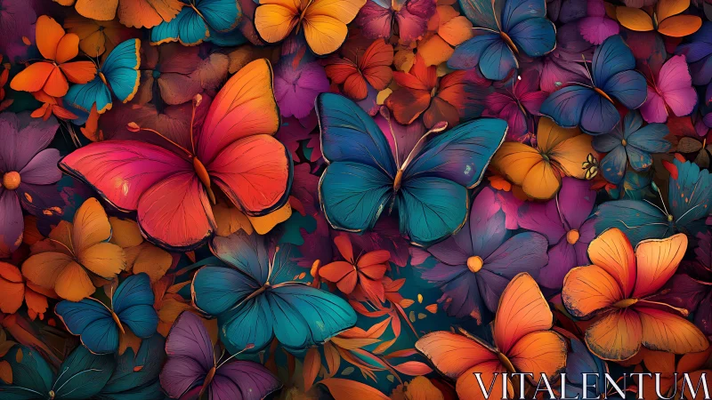 Vibrant multicolored butterflies over layered floral field.
