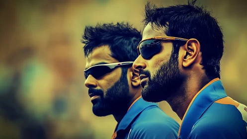 Two male athletes in sunglasses wearing blue sports uniforms.