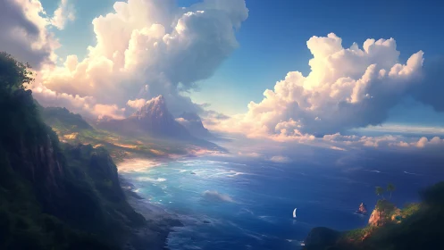 Cloud kingdoms above a spellbound sapphire tropical shoreline.