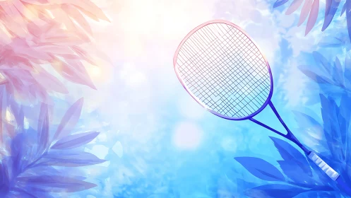 Badminton racket amid abstract foliage on blue ground.