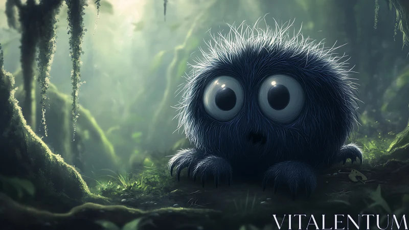 Fluffy blue forest creature gazes wide-eyed through mist