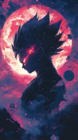 Celestial warrior silhouette against radiant crimson moonscape.