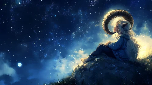 Horned dreamer under luminous starfield in atmospheric profile