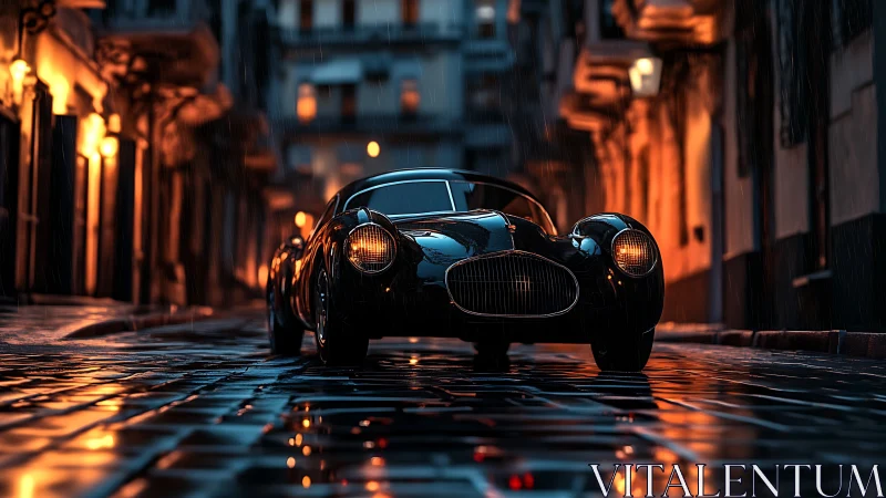 Classic black sports car parked on wet cobblestone street