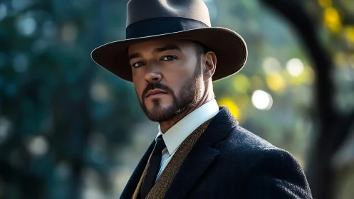 Stylish gentleman in wide-brim hat gazes confidently outdoors.