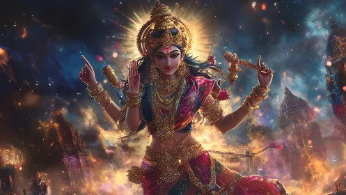 Deity figure stands amid flames with temples in background