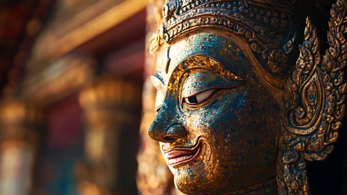Gilded temple guardian head glows in warm sunset light.