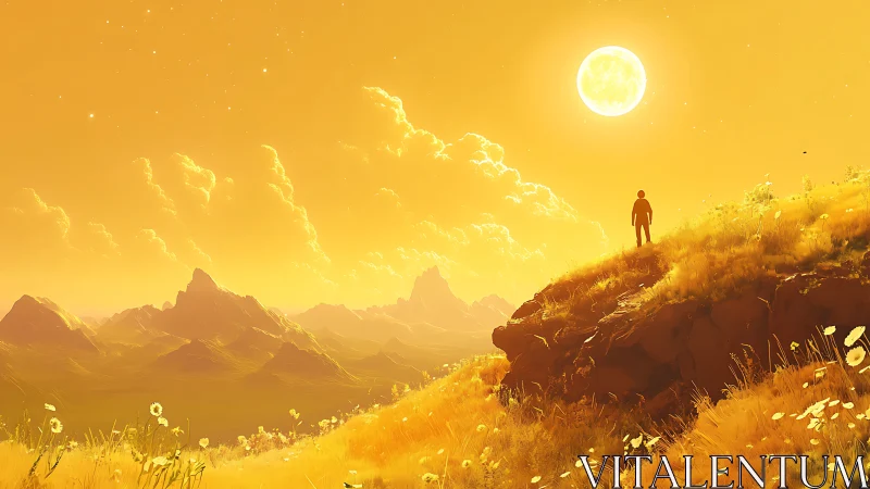 Digital painting of lone figure on sunlit golden ridge at dusk.