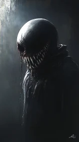 Sinister hooded creature lurks in moody, cinematic shadow