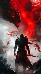 Lone armored warrior confronts blazing red spectral dragon in mist