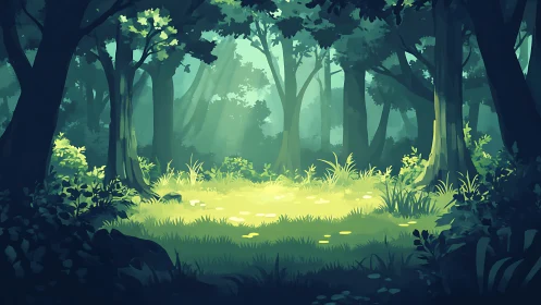 Sunlit Forest Clearing with Towering Trees and Verdant Undergrowth