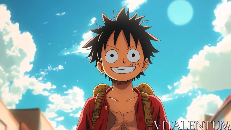 Anime character portrait under bright cinematic sky framing.