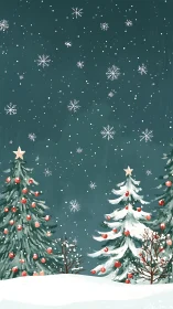 Snowy evergreen forest glows under calm winter night sky