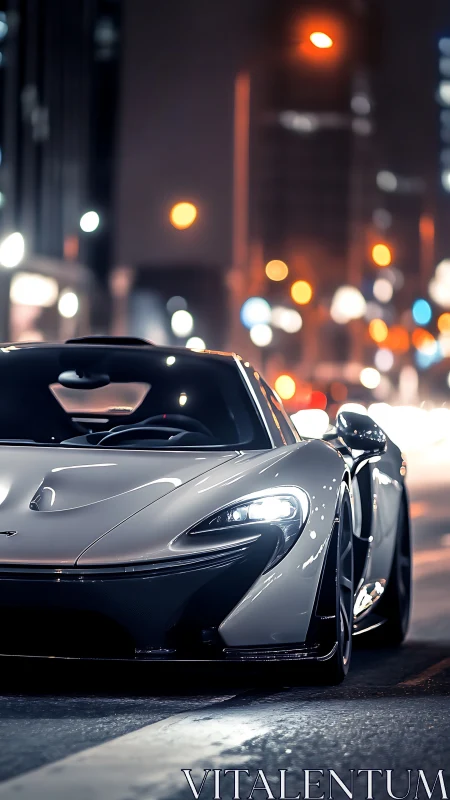 White supercar stands on illuminated city street at night