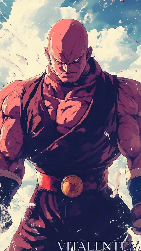 Bald warrior channels storm power under fractured sky.