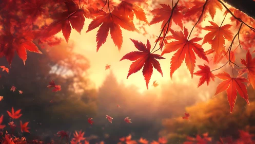 Fiery maple leaves glow against a dreamy autumn sunset sky.