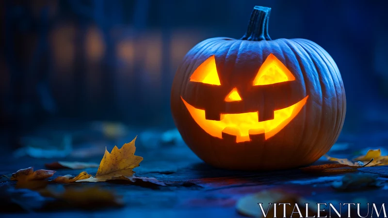 Luminous jack o’lantern on wet boards under cool nocturnal backlight.