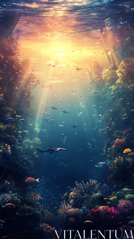 Submerged cityscape with coral reef and diverse marine life.