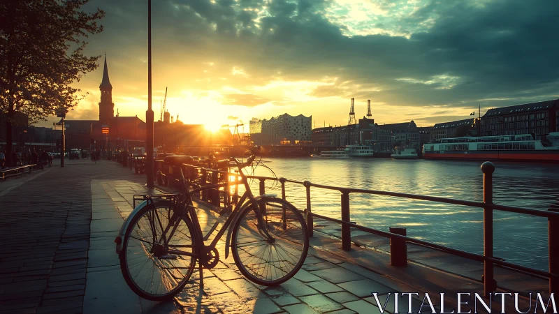 Bicycle parked on waterfront promenade at golden sunset with industrial harbor.