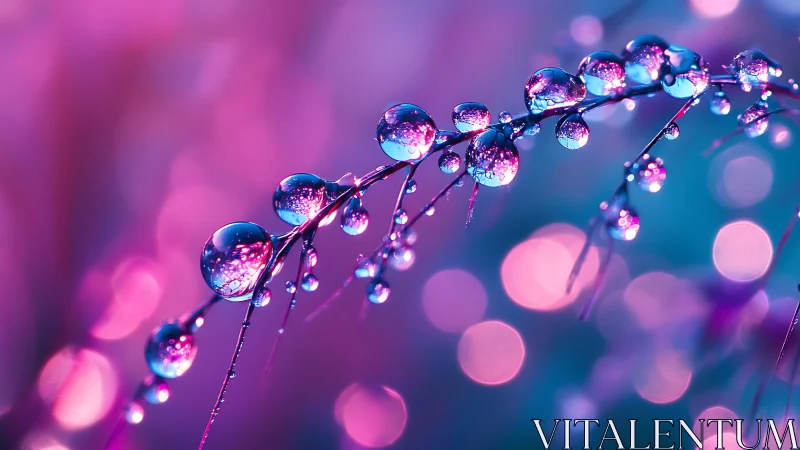 Macro photograph records dewdrops aligned on slender twig