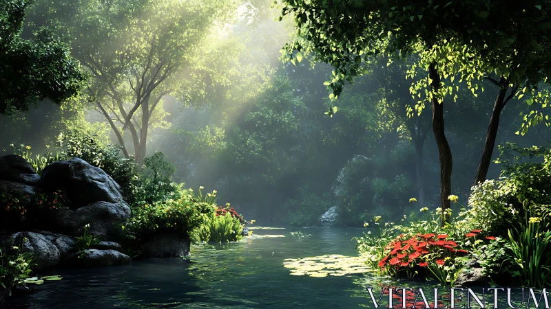 Dense forest pond with rocks, lilies, and filtered sunlight.