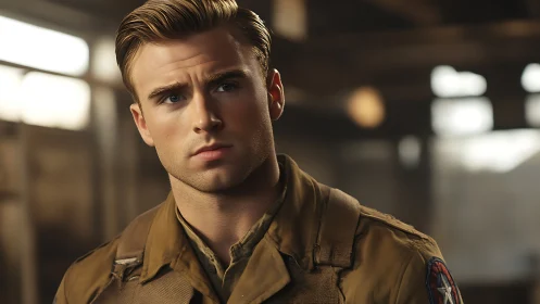 Cinematic close-up of wartime pilot in soft diffused lighting.