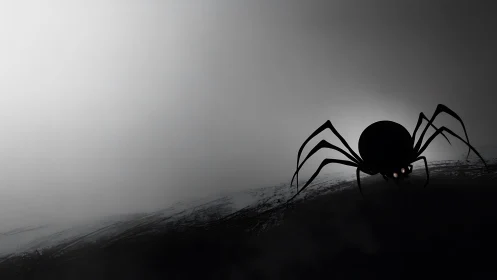 Silhouetted spider on curved terrain in grayscale foggy space.