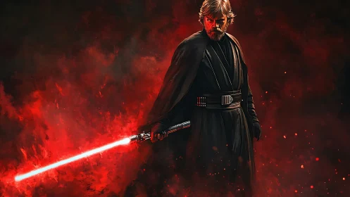 Dark warrior in flowing cloak with glowing red lightsaber.