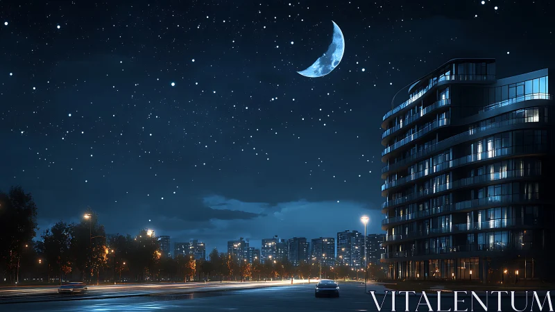 Modern city skyline under starry night sky and crescent moon.