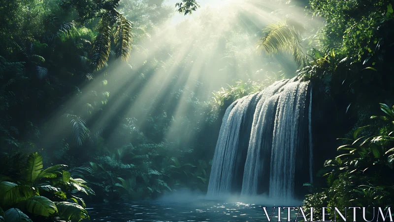 Tropical waterfall bathed in volumetric jungle sunlight.