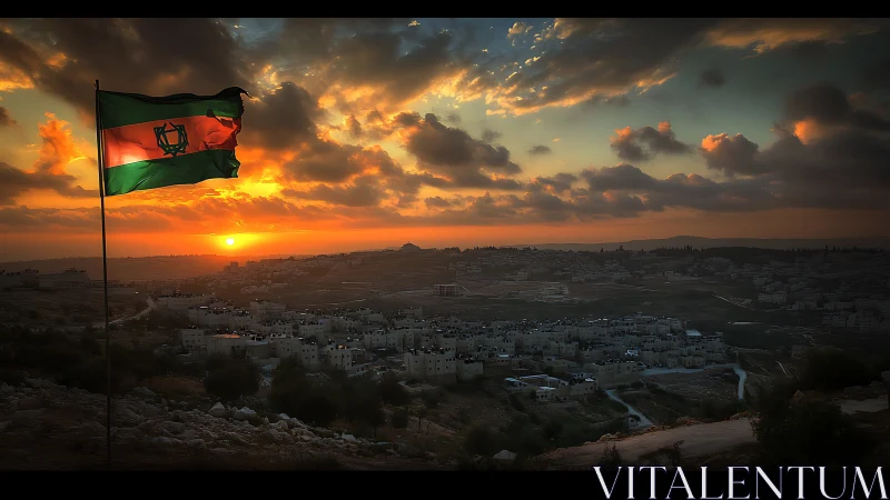 Sunlit flag overlooks hillside city beneath a glowing sunset sky