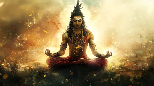 Meditating ascetic figure in glowing spiritual landscape.