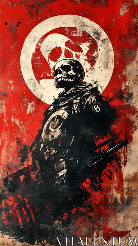 Skull-masked soldier rises against a blood-red battlefield sky.