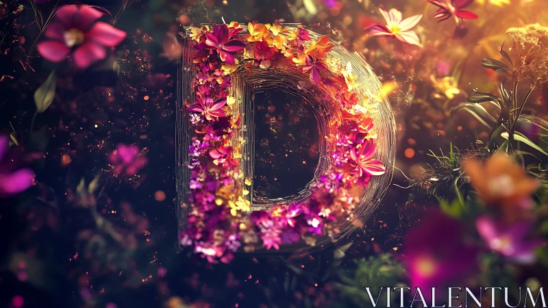 Glowing Letter D Surrounded by Flowering Plants and Warm Light.