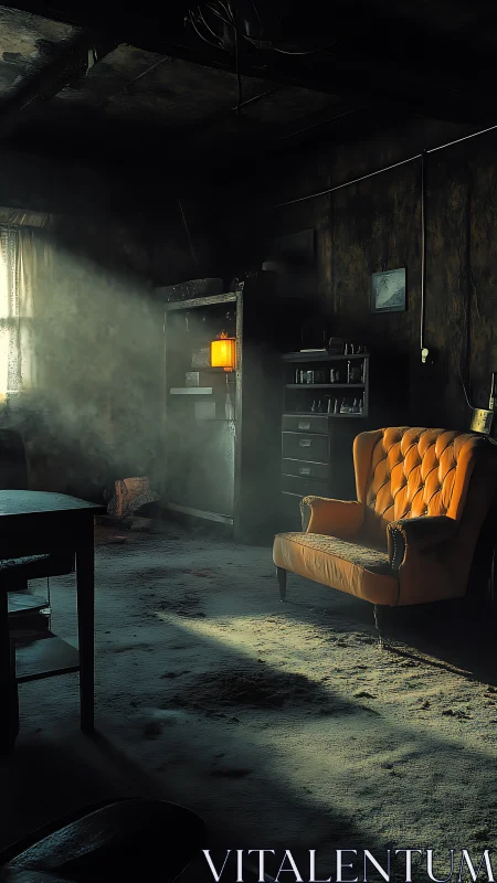 Dusty sunlit armchair in a forgotten, quietly glowing room.