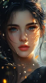 Ethereal woman portrait under dappled golden light.