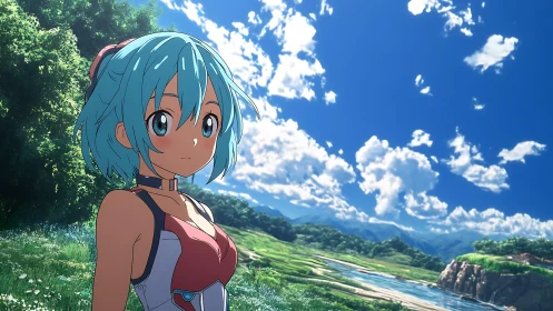 Blue haired anime girl in bright rural river landscape.
