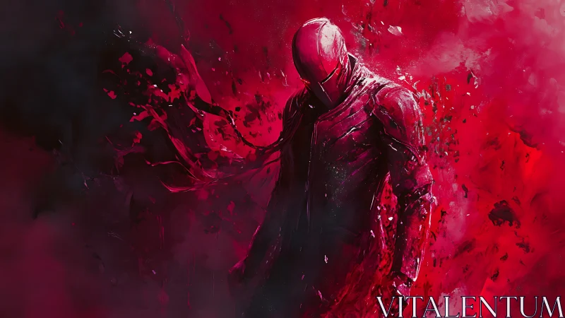 Red armored figure emerges from abstract swirling chaos