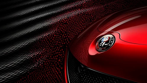 Glossy red sports car emblem glows against dynamic dark waves