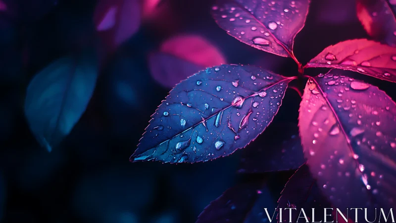 Neon drenched rose leaves under glistening raindrops.