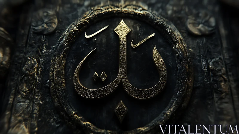 Gold Arabic calligraphy letter rendered on dark carved plaque