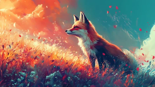Digital painting of fox in luminous meadow with atmospheric light.