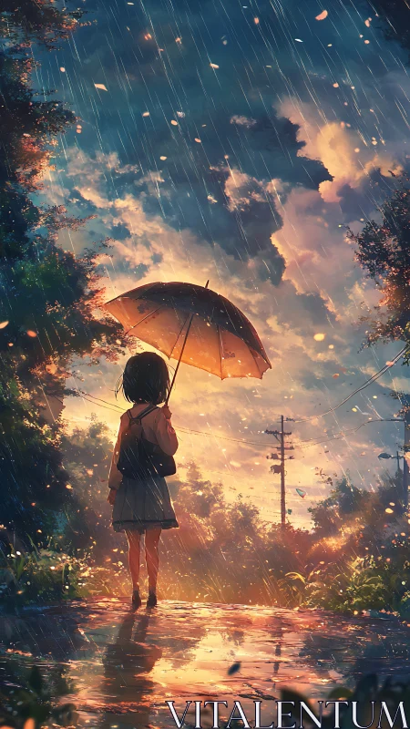 Solitary girl with umbrella in luminous rainy sunset street.
