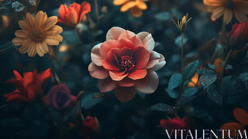 Coral Rose in Moody Garden Surrounded by Flowers.