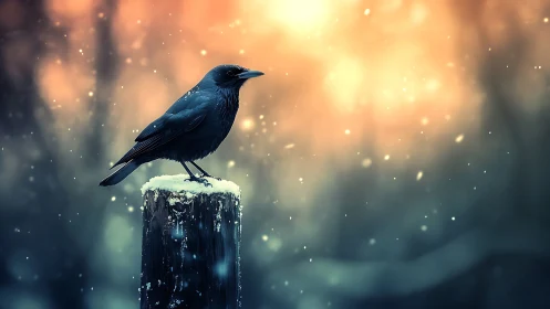 Black crow perched on snowy post in dreamy winter light.