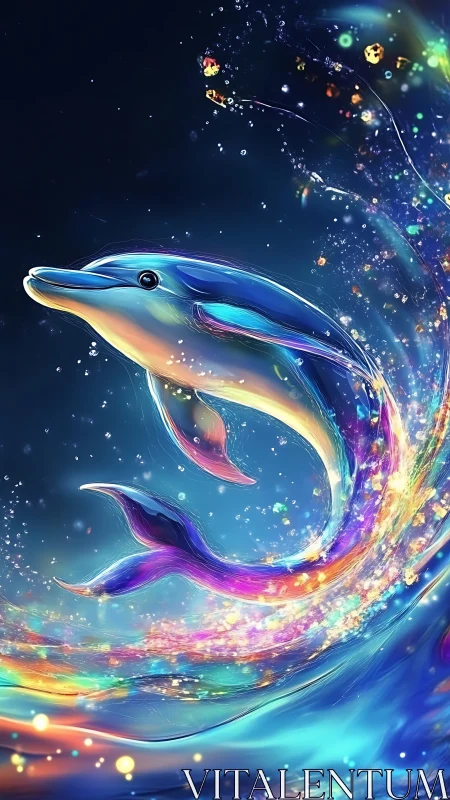 Iridescent dolphin leaping through luminous cosmic surf.