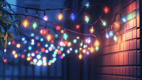 Glowing patio string lights along a softly lit brick wall.