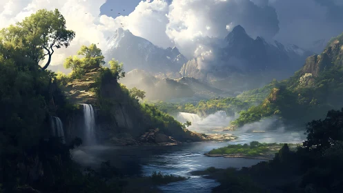 Cloud kingdoms drift above waterfalls stitched by light